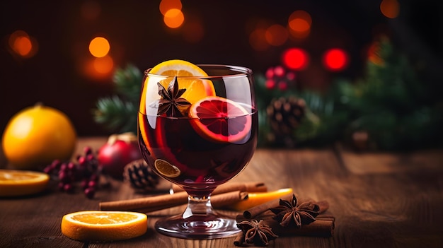 Kerst glühwein met kruiden en fruit op een rustieke houten tafel Traditionele warme drank in de kersttijd