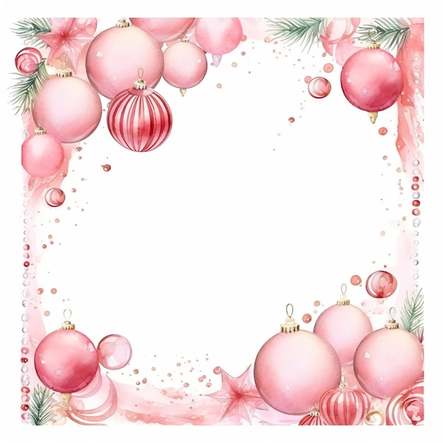 Kerst grens met roze ballen op witte achtergrond aquarel