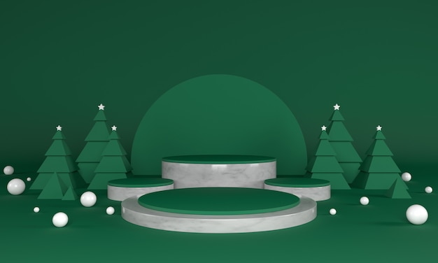 Kerst groen thema product podium met boom en sterren voor promo of banner 3d illustratie