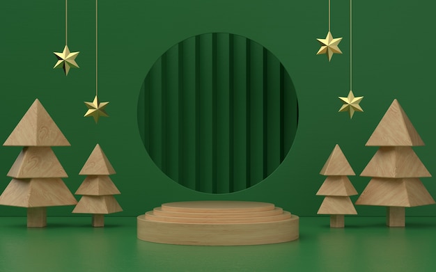 Kerst groen thema product podium met houten boom en sterren voor promo of banner. 3d illustratie
