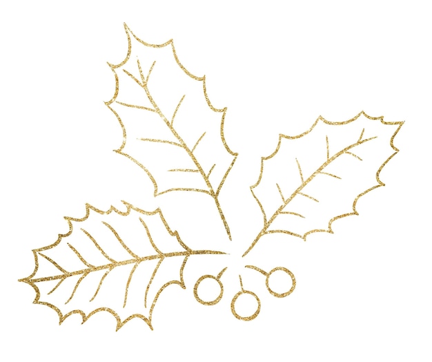 Kerst hand getekend holly berry bladeren silhouet gouden contouren vakantie ontwerp illustration