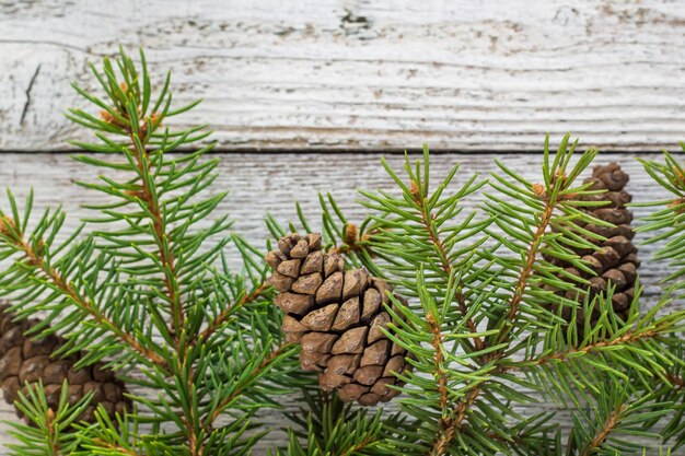 Kerst houten achtergrond met sneeuw fir tree. bovenaanzicht met kopie ruimte voor uw tekst