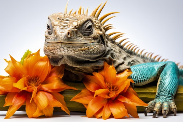 Kerst Iguana loungen op een tropische strandvakantie tak geïsoleerd op een witte achtergrond