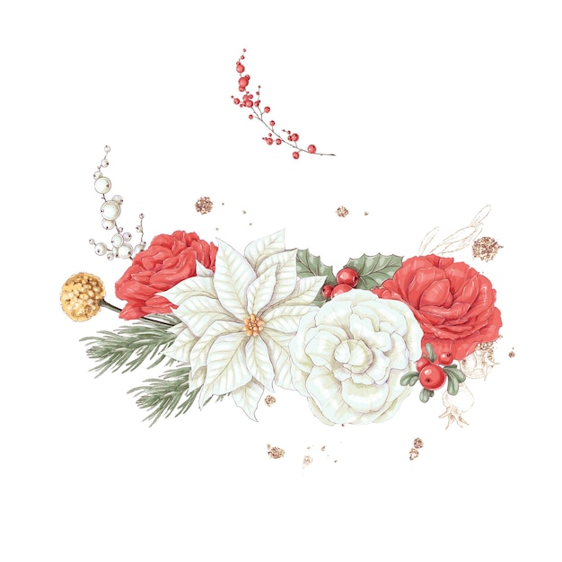 Kerst illustratie set van boeket van winter bloemen poinsettia katoen en sinaasappel