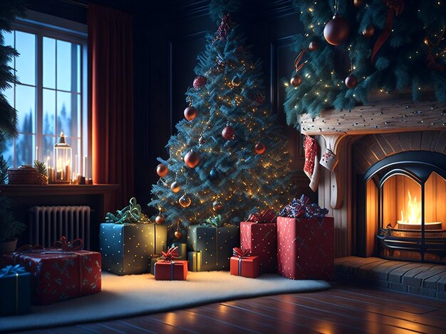 Foto kerst interieur versieringen kerst kamer decor met boom geschenken en lichten ai generatieve