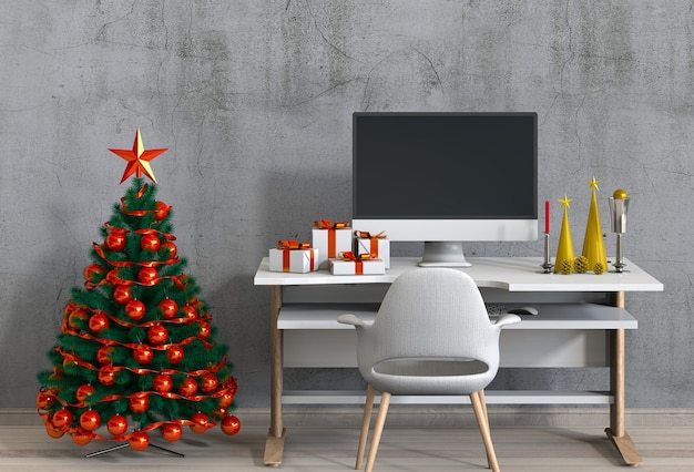 Kerst interieur werkruimte met computer. 3d render