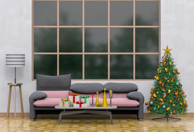 Kerst interieur woonkamer. 3d render