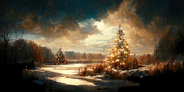 Kerst landschap. Digitale afbeelding. Schilderen. Mooi scenario