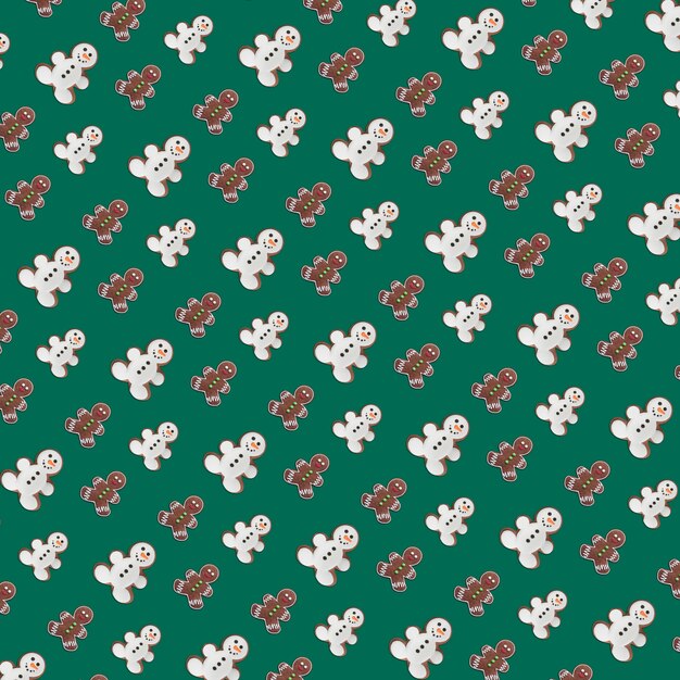 Foto kerst naadloze patroon. peperkoek sneeuwpop cookies met schaduw op groen