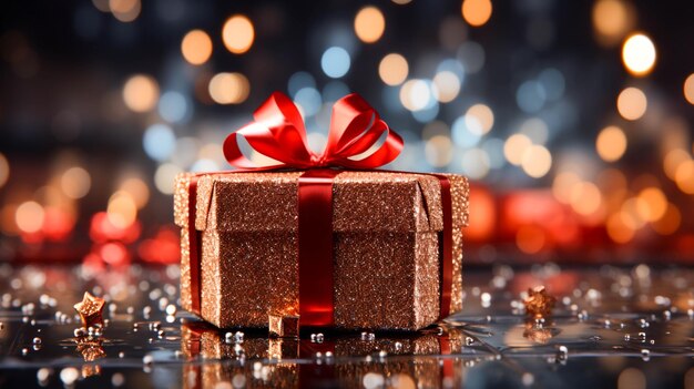 Kerst neon achtergrond met rode cadeau doos