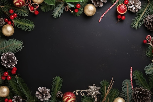 Kerst- of nieuwjaarslicht achtergrond Xmas zwart bord ingelijst met seizoensversieringen Creat