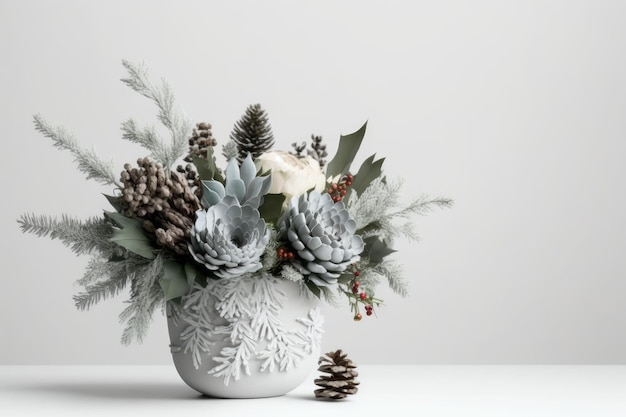 Kerst- of wintercompositie met ornamenten bloemen en takken in een vaas tegen een witte bg
