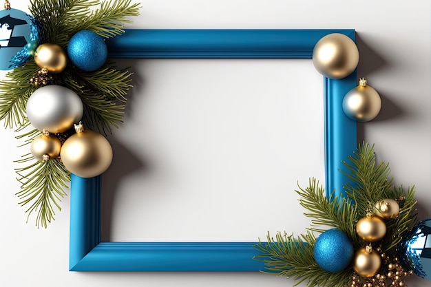 Kerst ornament mockup frame blauwe slinger op een witte tafel en ruimte voor tekst