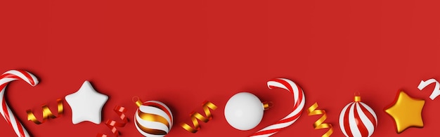 Kerst ornament snoepgoed ballen glanzende linten 3D-rendering koptekst banner Feestelijke Xmas seizoensgebonden decoratie plat leggen