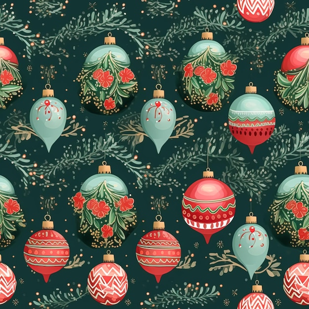 Kerst ornamenten en decoratie naadloos patroon vakantie kerstboom kerstballen betegelbaar landstijl print voor behang inpakpapier plakboek stof en productontwerp generatieve ai