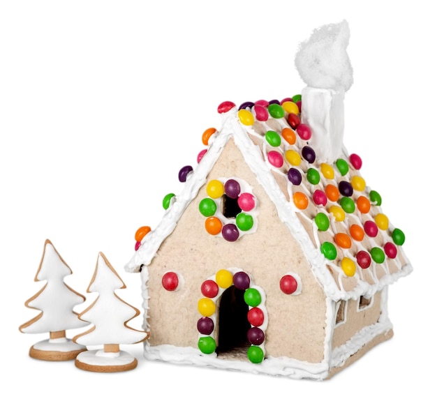 Kerst peperkoek Cookie huis met geïsoleerd op een witte achtergrond.