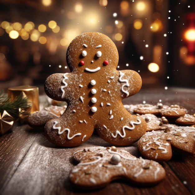 kerst peperkoek man op houten tafel met bokeh achtergrond