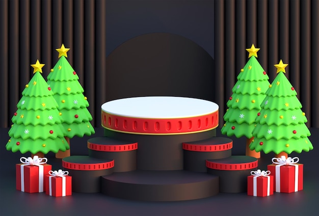 Kerst podium donkere achtergrond met geschenkdoos en pijnboom 3D illustratie