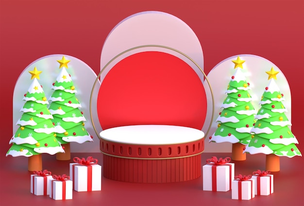 Kerst podium rode achtergrond met geschenkdoos en pijnboom 3d illustratie