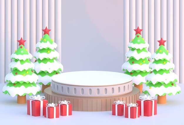 Kerst podium zilveren geometrische achtergrond met pijnboom en geschenkdoos 3D illustratie