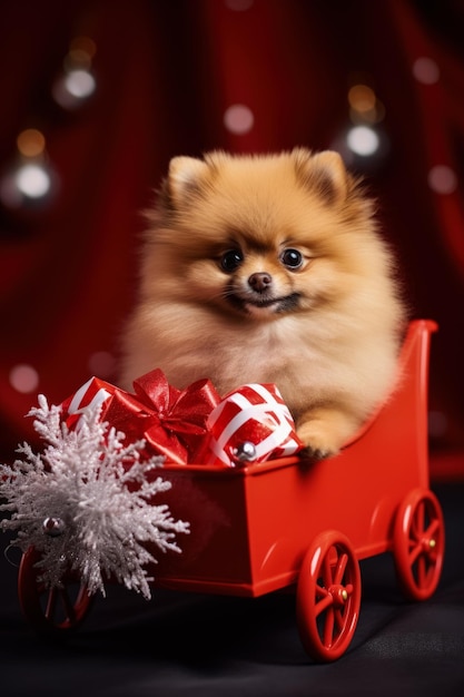 Kerst Pomeranian puppy in Santas slee met mini presenteert achtergrond met lege ruimte voor tekst