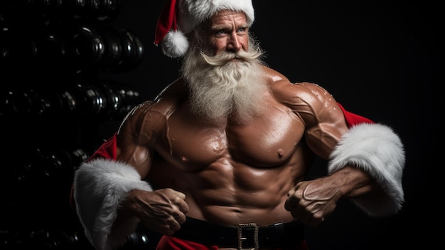 Kerst portret van gespierde sexy sterke atleet in Santa Claus kostuum met grijze baard poseren met zijn buikspieren geïsoleerd op witte achtergrond Hoge kwaliteit foto