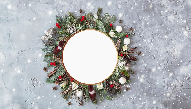 Foto kerst rond frame gemaakt van natuurlijke winter dingen flat lay