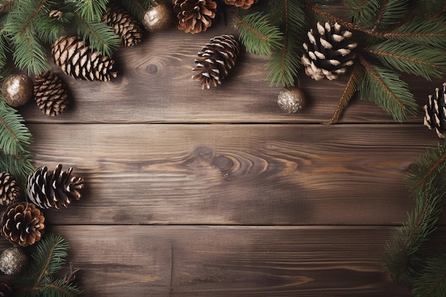 Kerst samenstelling Spar kerstboom takken geschenken dennenappels op houten achtergrond