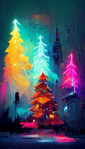 Kerst sneeuw kerstboom kleurrijke neonlichten 3D illustratie