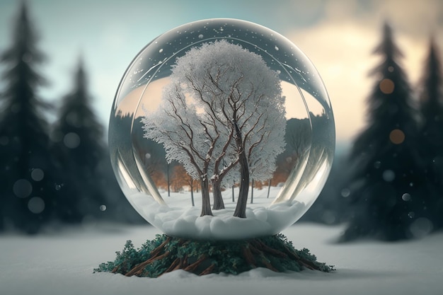 Kerst sneeuwbal Winter seizoensgebonden thema sneeuw en bos in een glazen bol in de natuur Generatieve AI
