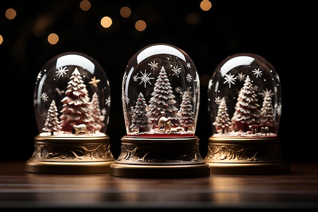 Kerst sneeuwbol op houten tafel met bokeh lichte achtergrond