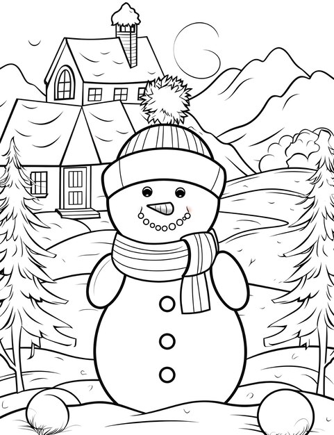 Foto kerst sneeuwman met winter landschap en sneeuw kleurboek pagina voor kinderen