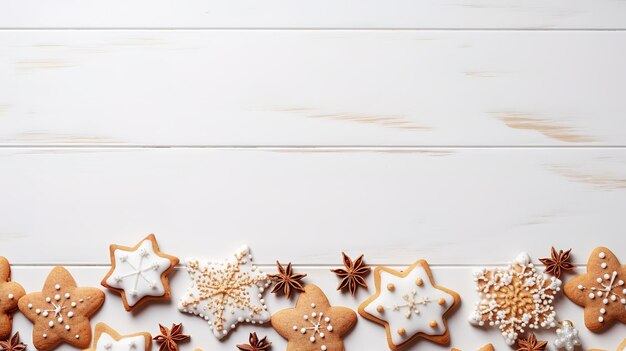 Kerst snoep en koekjes Top view tafel scène over een witte houten achtergrond Generative Ai