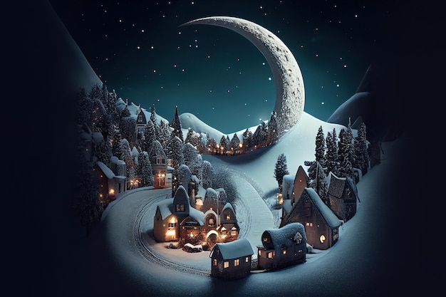 Kerst stadje maanverlicht 's nachts sneeuwlandschap Generatieve Ai