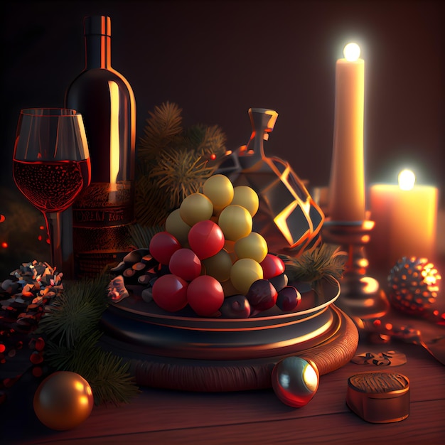 Kerst still life met wijn kaarsen en kerstversieringen 3d rendering