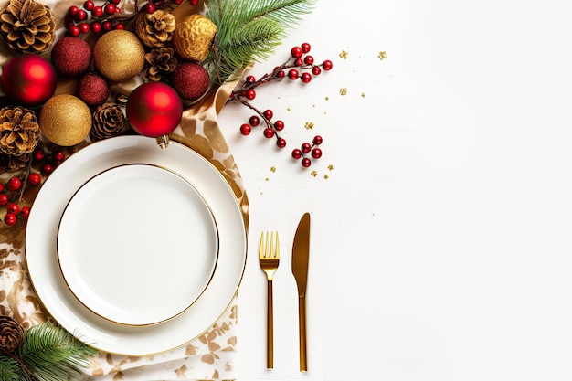 Kerst tafel instelling met witte en gouden decoratie op witte achtergrond Minimalisme stijl Copy s