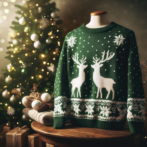 Kerst trui met hert en kaarsen kerstdecoratie achtergrond