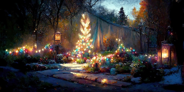 Kerst tuin decor. Digitale afbeelding. Schilderen. Mooi scenario