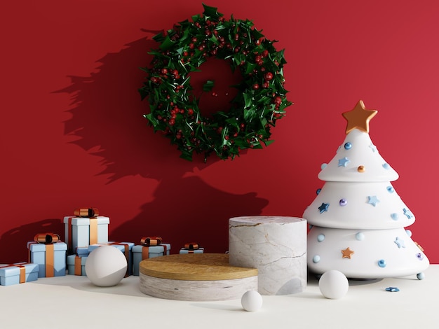 Kerst verkoop achtergrond met kerstboom en podium podium voor productweergave 3D-rendering
