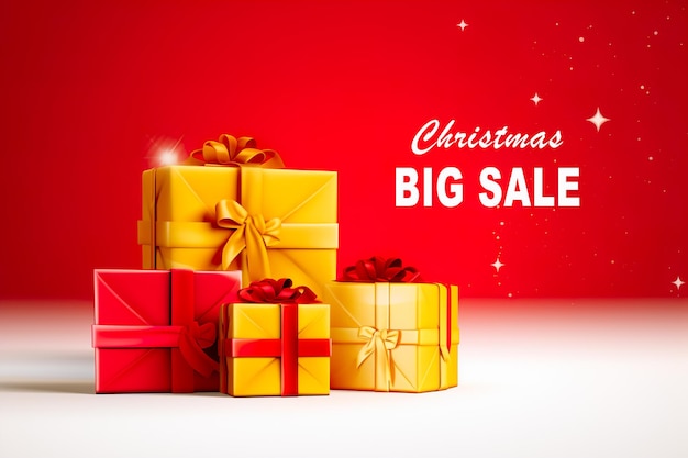 Kerst verkoop banner met geschenkdozen op rode achtergrond