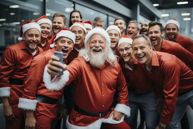 kerst vieren op het werk een werknemer in een feestelijk rood uniform kerstman in het midden