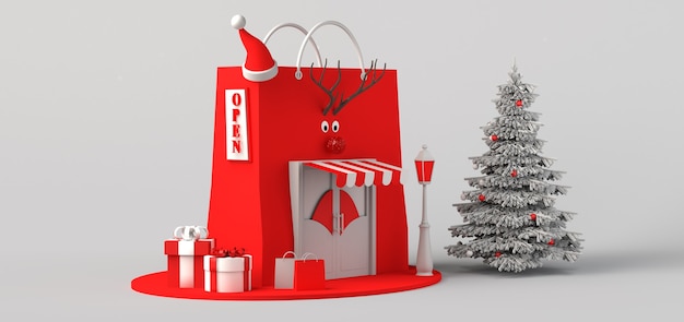 Kerst winkelconcept. Ruimte kopiëren. 3D illustratie.