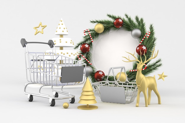 Kerst winkelmandje en trolley perspectief kant op witte achtergrond