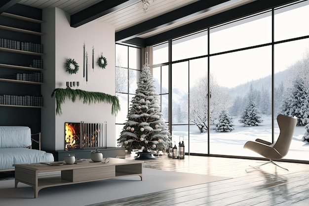 Kerst woonkamer met boom open haard panoramische ramen op winterlandschap vintage architectuur