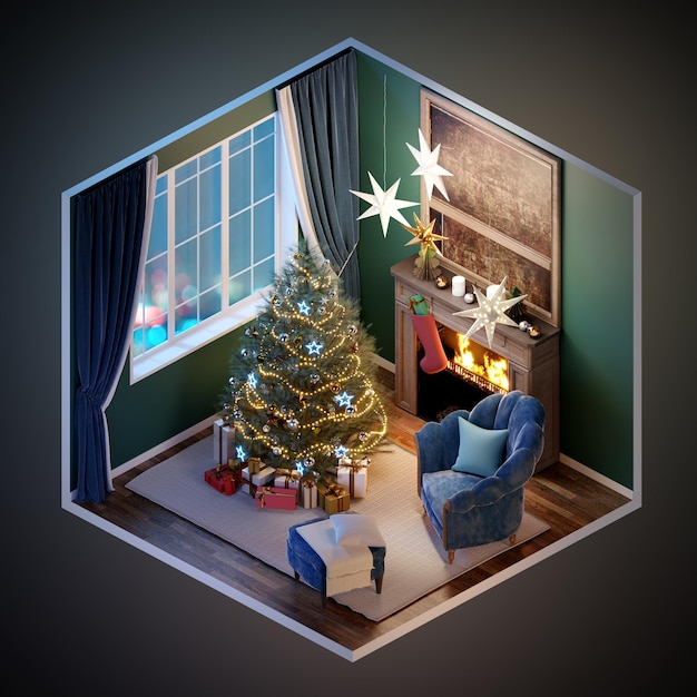 Kerst woonkamer voor warme avonden met kerstboom kroonluchter sofa Kerstcadeau 3D-rendering Kubisch concept