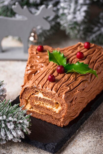 Kerst yule log cake. Traditioneel chocoladedessert