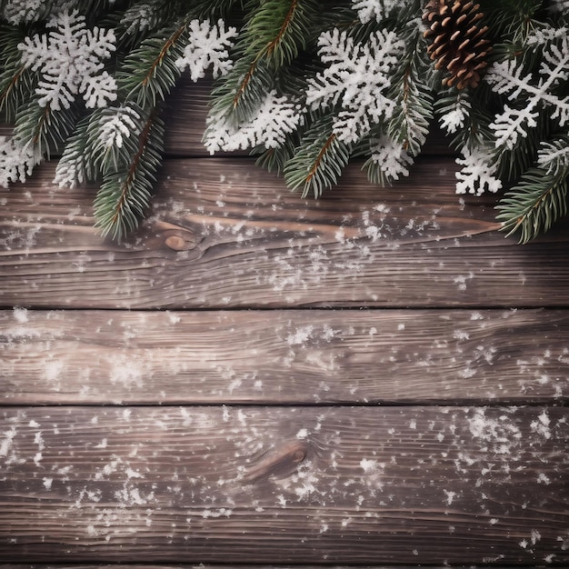 Kerstachtergrond met dennenboom en decoratie op donkere houten plankKerstachtergrond met dennentakken en kegels en versieringen op een donkere houten plank Van bovenaf bekijken Ruimte voor kopiëren