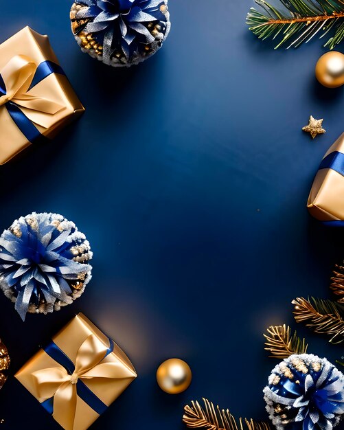 Kerstachtergrond met glanzende sneeuwballen en cadeaupakketten in marineblauw en goud kleuren bovenaanzicht