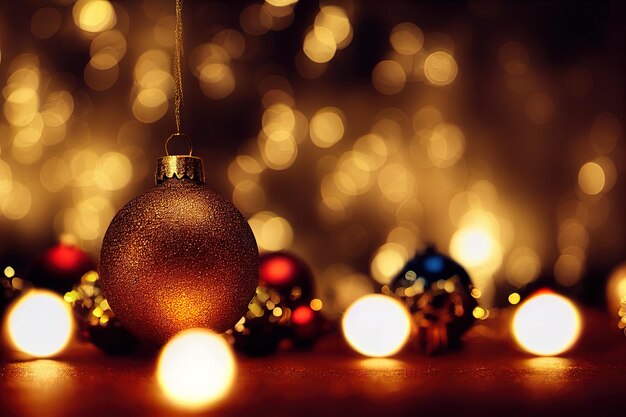 Kerstachtergrond met gouden ballen Nieuwjaarsdecor Kerstballen en gouden bokehlichten