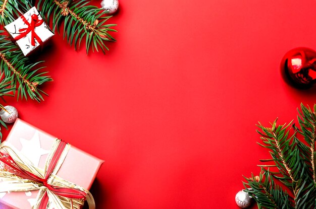 kerstachtergrond versierd met feestelijke geschenken en dennentakken met lege ruimte